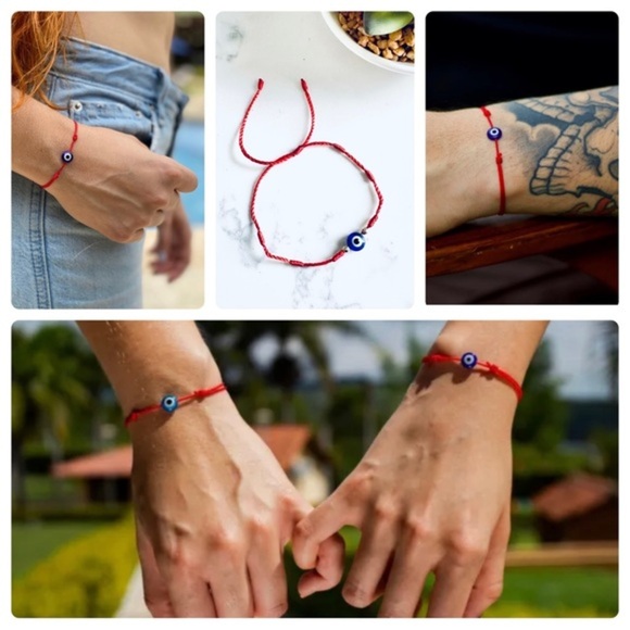 [ONE] Lucky Blue Evil Eye Bracelet With Gold Beads Red String Protection Unisex - Picture 1 of 15
